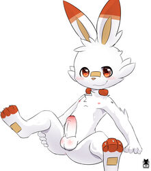 1boy anthro blush brown_eyes cubboard erection fur humanoid_penis lagomorph male male_only mammal nintendo nipples orange_fur penis pokémon_(species) pokemon pokemon_ss scorbunny simple_background solo testicles uncut video_games white_fur