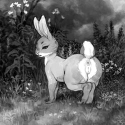 1girls anus ass butt crookedtrees female female_only flower furry grass greyscale lagomorph looking_back mammal monochrome nude open_mouth outside plant pussy quadruped rabbit semi-anthro sky solo standing