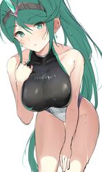 1girls absurdres bangs bare_shoulders bent_over blue_hair blush breasts commentary competition_swimsuit covered_collarbone covered_navel cowboy_shot earrings english_commentary eyebrows_visible_through_hair female green_eyes green_hair hair_ornament hairband hand_on_own_chest hand_on_own_thigh headpiece highres jewelry large_breasts long_hair looking_at_viewer nintendo one-piece_swimsuit ormille panties pneuma_(xenoblade) ponytail pose simple_background solo spoilers sweat sweatdrop swept_bangs swimsuit tiara very_long_hair wet wet_hair white_background xenoblade_(series) xenoblade_chronicles_2