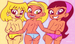 back_view black_hair blonde blonde_hair blue_panties braceface crossover earrings green_eyes hairband human human_only lipstick looking_at_viewer looking_back lori_loud multiple_girls nickelodeon panties pink_hairband pink_panties purple_eyes rayryan rayryan90 red_lipstick sharon_spitz smooth_skin the_fairly_oddparents the_loud_house topless topless_female trixie_tang white_earrings yellow_hair yellow_panties