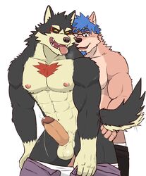 2boys abs after2 anal anal_sex ass balls blue_hair butt_grab canid canine canis clothing domestic_dog erection eyewear fur garmr gay glasses hair hand_on_butt humanoid_penis male male_only mammal multicolored_fur muscular muscular_male nipples pecs penis sex tokyo_afterschool_summoners tongue two_tone_fur undressing video_games yaoi