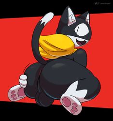 anthro anus ass atlus balls bandana big_butt black_body black_fur cute_fangs domestic_cat felid feline felis fur genitals hi_res holding_butt kerchief kneeling looking_back male male_only mammal megami_tensei megami_tensei_persona morgana_(persona) panickingad pawpads persona persona_5 presenting presenting_hindquarters rear_view smile solo spread_butt spreading thick_thighs video_games