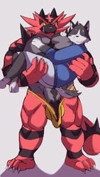 2boys canid canine claws clothed clothing feline fur holding incineroar male male_only mammal muscular nintendo original_character pecs penis pokémon_(species) pokemon pokemon_sm radcanine rou size_difference stripes testicles video_games yaoi