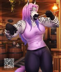 anthro bar bottomwear breasts clothing coldesthands cue_stick equid equine female hair hi_res looking_at_viewer mammal muscular pants pink_eyes pink_hair shirt solo stripes topwear zebra