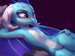 2018 anthro barely_visible_genitalia barely_visible_pussy dragon female friendship_is_magic hand_on_hip horn lying membranous_wings my_little_pony on_back princess_ember_(mlp) pussy raikoh-illust scalie solo wings