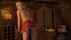 1girls 3d animated ass ass_shake blender cd_projekt_red ciri facial_scar female female_only green_eyes human indoors leaning_forward looking_back miniskirt naked niodreth no_sound pussy scar solo stripping striptease the_witcher_(series) the_witcher_3:_wild_hunt topless video white_hair