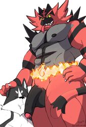 2boys abs canine claws cum feline fur furry gay humanoid_penis incineroar interspecies male male_only mammal muscular nintendo nipples original_character pecs penis pokémon_(species) pokemon pokemon_sm radcanine rou shiba_inu stripes sweat testicles tongue video_games watermark yaoi