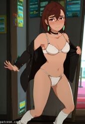 ai_art ai_generated artist_name ayase_momo black_choker black_jacket blush bob_cut bra breasts brown_eyes brown_hair cameltoe choker cleavage closed_mouth collarbone crossed_bangs dandadan earrings embarrassed female gakuran hair_between_eyes indoors jacket jewelry looking_at_viewer loose_socks medium_breasts medium_hair momo_ayase navel off_shoulder open_clothes panties patreon public_indecency red_eyes school_uniform short_hair small_breasts socks solo standing thick_eyebrows underwear undressing vending_machine, white_bra white_panties white_socks xxai