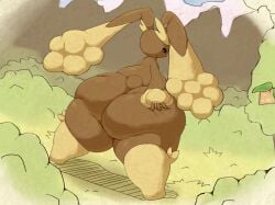 2025 anthro anthrofied ass big_breasts big_butt breasts brown_body brown_fur female fur generation_4_pokemon hi_res huge_butt huge_hips huge_thighs lopunny nintendo outside pokemon pokemon_(species) pokemorph rear_view shweetmagnet solo thick_thighs wide_hips