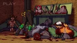 after_sex amputee anthro anubian_jackal anus areola ass bag bent_over bisected black_body black_fur blindfold blood blood_from_mouth blood_in_mouth blood_puddle bodily_fluids breasts camera_view canid canine canis clitoral_hood clitoris clothed clothing conquistabear corpse cum cum_from_mouth cum_from_vagina cum_in_ass cum_in_mouth cum_in_vagina cum_inside death decapitation digital_media_(artwork) dismemberment execution feet felid feline female female_death fish fox fur genital_fluids genitals gore gore_focus group guts hair intestines jackal leaking_cum legwear lying lynx male mammal marine neckwear neckwear_only nipple_piercing nipples nude object_in_ass object_penetration on_back open_mouth organs pantyhose piercing pussy quadruple_amputee severed_arm severed_body_part severed_head severed_leg severed_limb severed_tail shark snuff spread_legs spreading tail teeth toes tongue tongue_out topless topless_female topless_male torn_clothing torn_legwear torn_pantyhose trash_bag vulva wolf