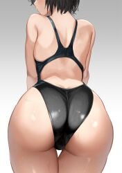 amagami ass back_cutout bare_shoulders black_hair black_one-piece_swimsuit clothing_cutout competition_swimsuit female from_behind highleg highleg_one-piece_swimsuit nanasaki_ai one-piece_swimsuit racerback serizawa_(serizawaroom) short_hair simple_background solo swimsuit wet