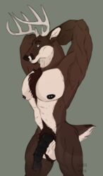 2019 animal_genitalia anthro antlers balls cervid digital_media_(artwork) fur hair horn male male_only mammal muscular nipples nude penis saberhorn_(artist) simple_background smile solo