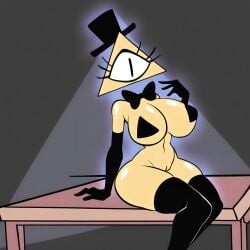 1_eye 4_fingers ai_generated bill_cipher black_bowtie black_elbow_gloves black_eyes black_pasties black_thighhighs black_tophat bowtie cyclops elbow_gloves eyelashes female gravity_falls humanoid looking_at_viewer naked nude pixai rule_63 sitting sitting_on_table thighhighs tophat yellow_skin