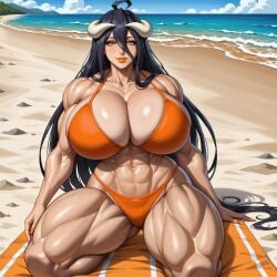 abs ai-created ai_art ai_generated albedo_(overlord) beach bikini black_hair blanket female female female_only front_view horns hyper_breasts hyper_thighs kneeling lipstick muscles muscular muscular_female muscular_thighs nail_polish orange_bikini orange_lipstick orange_nail_polish overlord_(maruyama) scorpyfemboy sexy.ai thick_thighs veins wide_hips yellow_eyes