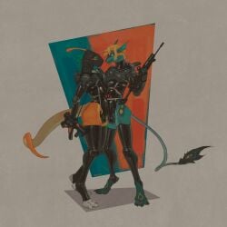 1:1 abstract_background assault_rifle balaclava blonde_hair blue_body blue_hair blush bulge claws clothing digital_drawing_(artwork) digital_media_(artwork) dinosaur dragon duo erection eye_contact flowerdino frottage garter_belt garter_straps gun hadrosaurid hair hi_res holding_gun holding_object holding_ranged_weapon holding_weapon latex legwear leotard looking_at_another male mask molniya mythological_creature mythological_scalie mythology nonbinary_(lore) orange_body ornithischian ornithopod parasaurolophus paws penile penis penises_touching prehistoric_species ranged_weapon reptile rifle rocket_(underscore) scalie sex standing submachine_gun thigh_highs weapon