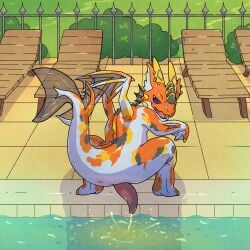 amur_carp anus argon_vile arm_fin ass bodily_fluids carp cyprinid cypriniform dragon feet fin fish genital_fluids genitals hi_res horn koi looking_at_viewer looking_back male marine membrane_(anatomy) mythological_creature mythological_scalie mythology orange_body peeing peeing_into_pool peeing_into_water penis pool poolside presenting presenting_anus scalie smile smiling_at_viewer smirk smirking_at_viewer solo swimming_pool tail tail_fin toes typical_carp urine urine_stream water watersports webbed_feet webbed_hands wings yellow_horn