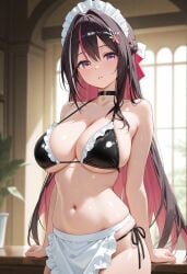 1girls 2025 ai_generated azki_(hololive) belly big_breasts bikini bikini_top breasts choker cleavage counter female frilled_bikini frilled_bikini_top hololive hololive_japan indoors long_hair looking_at_viewer maid maid_apron maid_bikini maid_headdress maid_outfit maid_uniform navel ninadelta84136 purple_eyes solo standing virtual_youtuber