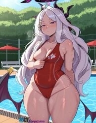 1girls ai_generated angel_yukkis ass big_ass big_breasts big_tits blue_archive breasts curvy curvy_female curvy_figure day fat_ass hina_(blue_archive) nipples oppai pool pussy pussy_juice sexy_female sexy_pose sweat swimsuit tits voluptuous_female wet wet_pussy