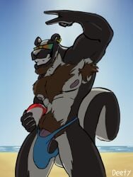 anthro armpit_hair ball balls beach beach_ball beard big_balls big_muscles big_penis black_body black_fur body_hair brown_beard brown_body_hair brown_facial_hair chest_hair clothing deety devil_horns_(gesture) ear_piercing ear_ring eyewear facial_hair fur genitals gesture gold_(metal) gold_jewelry hand_gesture hi_res inflatable jewelry male mammal mephitid muscular muscular_anthro muscular_male nipples outside penis piercing pink_nipples pink_penis pubes ring_piercing skunk smile smiling_at_viewer solo speedo standing stretched_clothing striped_body stripes sunglasses swimwear tail teeth white_body white_fur