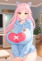 1girls ai ai2u ai_generated alternate_body_type big_breasts big_breasts big_hips big_thighs blue_hoodie breasts breasts breasts_bigger_than_head cat_ears cat_girl catgirl curvy eddie_(ai2u) female female heart_symbol hips hoodie huge_breasts human hyper_breasts light_skin long_hair long_hair_female long_sleeves looking_at_viewer neko neko_girl pink_hair pink_hair_female smiling solo thick_thighs voluptuous