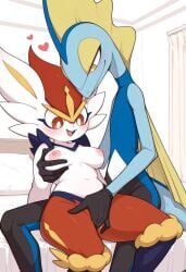 1boy1girl ai_generated anguirus12345 areola big_breasts blush breasts cinderace fingering furry generation_8_pokemon inteleon nipples pokémon_(species) pokemon pokemon_(species) size_difference vaginal_penetration white_fur