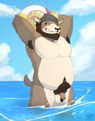 absurd_res anthro armpit_hair balls beard belly big_belly biped body_hair bovid bovine brown_body caprine carl_hendricks chest_hair clothing echo_(game) echo_(series) echo_project facial_hair flaccid foreskin fur genitals hair hat headgear headwear heronin868 hi_res horn humanoid_genitalia humanoid_penis looking_at_viewer male male/male mammal muscular muscular_anthro muscular_male navel nude outside overweight overweight_male pecs penis pubes sea sheep smile solo tail thick_thighs uncircumcised water white_body white_fur