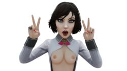 1girls 3d bioshock bioshock_infinite blouse blue_eyes breasts brooch collared_blouse collared_shirt double_v elizabeth_comstock female female_only nude open_shirt potvuurka shirt small_breasts tongue_out v