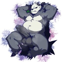 1:1 alpha_channel anthro armpit_tuft balls bara bear belly bfad big_balls big_penis black_body black_fur black_penis claws foreskin fur generation_6_pokemon genitals giant_panda knil_(artist) lying male mammal muscular musk musk_clouds musky_armpit musky_balls musky_penis nintendo on_back pangoro penis pokemon pokemon_(species) scrotum scrotum_flap slightly_chubby solo uncircumcised white_body white_fur yaoi