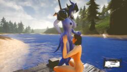 3d animated auril_(artist) blue_penis blue_skin draenei fellatio futa_on_female futanari gif human intersex on_knees oral red_hair world_of_warcraft