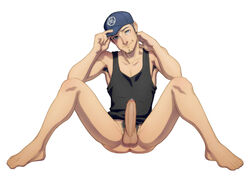 1boy barefoot boner bottomless erection feet foreskin full_body hat iori_junpei junpei_iori male male_focus male_only megami_tensei muscle penis persona presenting schizoid sitting smile solo toes uncut