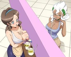 2girls alternate_body_type alternate_outfit apron blue_eyes blush breast_pump breasts breasts_out brown burnet_(pokemon) commissioner_upload drinking drinking_milk headgear lactating lactation mother_(pokemon_bw) one_breast_out only_girl pokemon shorts straw tank_top tanned_skin unaware white_hair yellow_eyes zuchysdraws