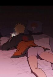 1boy artist_request ass back_view balls_in_underwear balls_under_clothes bed blonde blonde_hair booty_shorts boxer_briefs boxers boxers_(clothing) bubble_ass bubble_butt clothed clothing human human_only legs light-skinned_male light_skin looking_at_phone male male_focus male_only naruto naruto_(series) naruto_shippuden no_pants on_bed phone short_shorts shorts solo solo_focus solo_male texting thighs uchiwa uncensored underwear uzumaki_naruto white_underwear