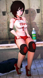 1girls 3d 3d_(artwork) clothed clothing female female_focus female_only gym_uniform highres looking_at_viewer navel ruby_rose ruby_rose_(skuddbutt) rwby short_hair sitting source_filmmaker workout workout_clothes