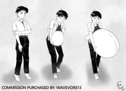 1boy belly belly_button black_and_white blueaugur commission digested hand_on_belly hyper_belly hyper_pregnancy implied_vore lifting_shirt male male_only male_pregnancy monochrome mpreg neon_genesis_evangelion popped_navel post-vore post_vore_pregnancy pregnancy pregnant pregnant_male sequence shinji_ikari short_hair socks solo solo_male