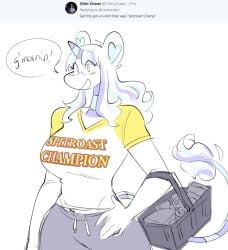 2019 anthro color digital_drawing_(artwork) digital_media_(artwork) female furry large_breasts oc original original_character request simple_background smile speech_bubble suggestive_clothes sylvie_(vontecristo) t-shirt-meme text unicorn vontecristo