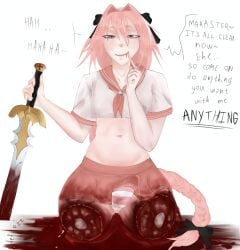 1boy 1femboy amputated_legs amputation amputee astolfo_(fate) big_thighs blood blood_drip bloody_clothes bloody_penis bloody_sword chopped_legs dismemberment femboy femboy_focus femboy_only gore gore_focus guro male masochism masochist panties penis skirt sword thick_thighs twink
