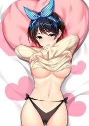 1girls black_hair blue_ribbon breasts clothes_lift dakimakura grandia_(moemarket) looking_at_viewer moemarket navel nipples rent_a_girlfriend ruka_sarashina short_hair skirt_removed solo stomach