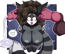 absurd_res balls big_balls big_breasts big_penis black_body black_fur black_nipples blush bodily_fluids breasts brown_hair cum cum_pooling dipstick_tail ear_penetration eyes_rolled_up fapmew felid feline female fur genital_fluids genitals grey_body grey_fur hands_on_knees hands_on_legs heart_symbol hi_res high-angle_view in_one_ear_and_out_the_other kneeling knot knotted_penis looking_pleasured male male/female mammal markings nipple_piercing nipples penetration penis piercing ring_(marking) ringed_tail signature skull_flossing skullfuck solo_focus striped_markings striped_tail stripes tail tail_markings vixy_valentine white_body white_fur