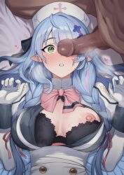 0haribo0 1boy absurdres black_bra blue_archive blue_hair bow bowtie bra braid breasts censored center_opening commentary_request cross_hair_ornament dark-skinned_male dark_skin erection female gloves green_eyes hair_ornament hair_ribbon hat heart heavy_breathing high-waist_skirt highres juliet_sleeves long_hair long_sleeves lying male mine_(blue_archive) mosaic_censoring navel nipples nurse nurse_cap on_back one_breast_out partial_commentary penis penis_awe penis_on_face penis_over_one_eye pink_bow pink_bowtie pink_ribbon pointy_ears puffy_sleeves ribbon side_braids skirt straight surprised sweat underwear white_gloves white_skirt wide-eyed