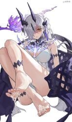 absurdres arknights bikini breasts chinese_commentary clenched_teeth commentary_request cum cum_on_body cum_on_feet feet female full_body gn_tuituji green_eyes grimace hair_over_one_eye highres horns large_breasts long_hair looking_at_viewer nail_polish necrass_(arknights) necrass_(summer_flowers)_(arknights) official_alternate_costume one_eye_covered partially_shaded_face purple_horns purple_nails red_pupils simple_background soles solo swimsuit teeth toenail_polish toenails toes variant_set white_background white_bikini white_hair