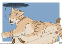 animal_genitalia animal_pussy animal_vulva anus ass belly big_belly bloated dialogue fangs felid feline_genitalia feline_pussy feline_vulva female genitals hi_res hybrid liger lion mammal pantherine prehistoric_species pussy raised_tail saber-toothed_tiger sabertooth_(anatomy) smilodon speech_bubble stomach_bulge stripes strypes_(character) tail teeth tiger vore