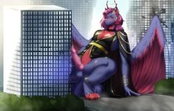 absurd_res ambiguous_fluids anthro bodily_fluids building building_destruction building_sex canid canine canis city cityscape clothing destruction dripping egyptian egyptian_clothing femboy flushed_face genital_fluids gold_(metal) gold_jewelry hi_res horn hybrid jewelry macro male mammal masturbation penis precum precum_drip rubbing_penis smile smirk solo wings wolf yunnylynx