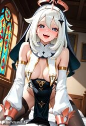1boy 1girls :d aged_up ai_generated alternate_breast_size alternate_costume bangs bare_shoulders black_thighhighs blue_eyes blush breast_curtains breasts church cowgirl_position detached_sleeves duo female genshin_impact habit hair_between_eyes halo high_resolution highres indoors large_breasts light-skinned_female long_sleeves looking_at_viewer male medium_breasts nun on_bed open_mouth paimon_(genshin_impact) patreon_username pelvic_curtain pov smile solo_focus stable_diffusion stained_glass straight teeth thighhighs thighs underwear upper_teeth_only waifuscans418 web_address white_hair window