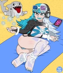 1girls alternate_costume anklet ass beach beach_towel blue_eyes blue_eyeshadow blue_hair blue_lipstick blue_toenail_polish blue_toenails cellphone crotch dopeisnukat feet feet_focus female female_only headphones heterochromia jeff_the_land_shark laying_down legs light-skinned_female luna_snow luna_snow_(cool_summer) luna_snow_(marvel_rivals) marvel marvel_comics marvel_rivals multicolored_hair pinup pinup_pose sand sfw snowflake snowflakes sunglasses swimsuit swimwear white_toenail_polish white_toenails yellow_eyes