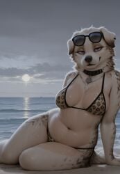 ai_generated animal_print anthro beach bedroom_eyes big_breasts bikini black_nose breasts canid canine canis choker clothing curvy_figure domestic_dog ear_piercing ear_ring eyewear eyewear_on_head female glistening glistening_body golden_retriever hands_behind_head hi_res hunting_dog jewelry leaning_backward leopard_print looking_at_viewer lying mammal markrhey mom_bod mouth_closed narrowed_eyes navel necklace oiled_body piercing portrait purple_eyes retriever ring_piercing sea seaside seductive smile solo summer sunbed sunglasses sunglasses_on_head sunscreen sunscreen_on_body swimwear thigh three-quarter_portrait voluptuous water