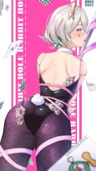 blush bunny_tail bunnysuit card cecilia_immergreen commission commissioner_upload cotton_tail doll_joints green_eyes green_hair handcuffed handcuffed_to_pole handcuffs hololive hololive_english hololive_english_-justice- joints looking_back money money_under_clothes pink_ribbon playboy_bunny rabbit_hole_(vocaloid) takoroki tights white_hair