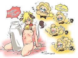 2boys androgynous barefoot bedroom_eyes bell blonde_hair blue_eyes boruto:_naruto_next_generations chibi collar cow_ears cow_horns cow_print cow_print_bikini cow_print_bra cow_print_lingerie cow_tail cowbell crossdressing cute dialogue facial_markings fake_animal_ears fake_horns fake_tail feet femboy feminine_male flat_chest flat_chested gay girly hi_res high_resolution highres japanese_text jibuningg kneeling looking_at_viewer male male/male male_focus male_only micro_bikini milk milk_bottle naruto naruto_(series) naruto_shippuden naruto_uzumaki naughty_face on_bed on_knees petite sasuke_uchiha seductive seductive_look shonen_jump shounen_jump shueisha sissy skimpy skimpy_bikini skimpy_clothes soles speech_bubble text thighs toes trap twink uchiha_sasuke uzumaki_naruto very_high_resolution weekly_shonen_jump weekly_shounen_jump whisker_markings whiskers yaoi yellow_hair