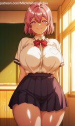 1girl ai_generated anime blush bow breasts button_up_shirt classroom cleavage curvy dandadan female large_breasts looking_at_viewer pink_hair rinconmito school_uniform shine shiratori_aira_(dandadan) short_skirt smile solo tagme thighs tight_clothes
