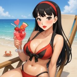amagi_yukiko atlus beach big_breasts bikini black_hair blush breasts brown_eyes cocktail crab headband heart japanese lipstick ocean oiled perfect_boobs persona persona_4 red_lips red_lipstick sega shiny_skin summer sweat sweatdrop sweating sweaty sweaty_body swimsuit water yukiko_amagi
