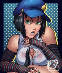 1boy 1girls anger_vein angry_face artist_logo atlus black_hair cum cum_on_hand ejaculation female female_focus green_eyes hat hi_res looking_at_viewer male male_pov marie_(persona_4) paizuri paizuri_under_clothes penis persona persona_4 persona_4_the_golden pov pov_eye_contact razillon titjob